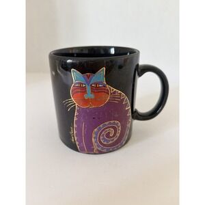 Vintage Mythical Cat  Laurel Burch black coffee tea mug Purple, Gold, Teal